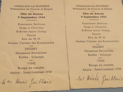Les menus d'Henri Guiblais et de son épouse lors du repas retour des prisonniers de guerre et requis. - Collection personnells