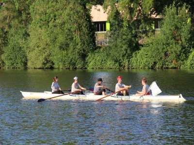 Les membres de l'équipe de l'entreprise SNV de Château-Gontier (Mayenne) en plein effort pour faire la course à bord d'une yolette, une sorte d'aviron, lors de la rencontre interentreprises organisée par le club. - Thomas Gourlin